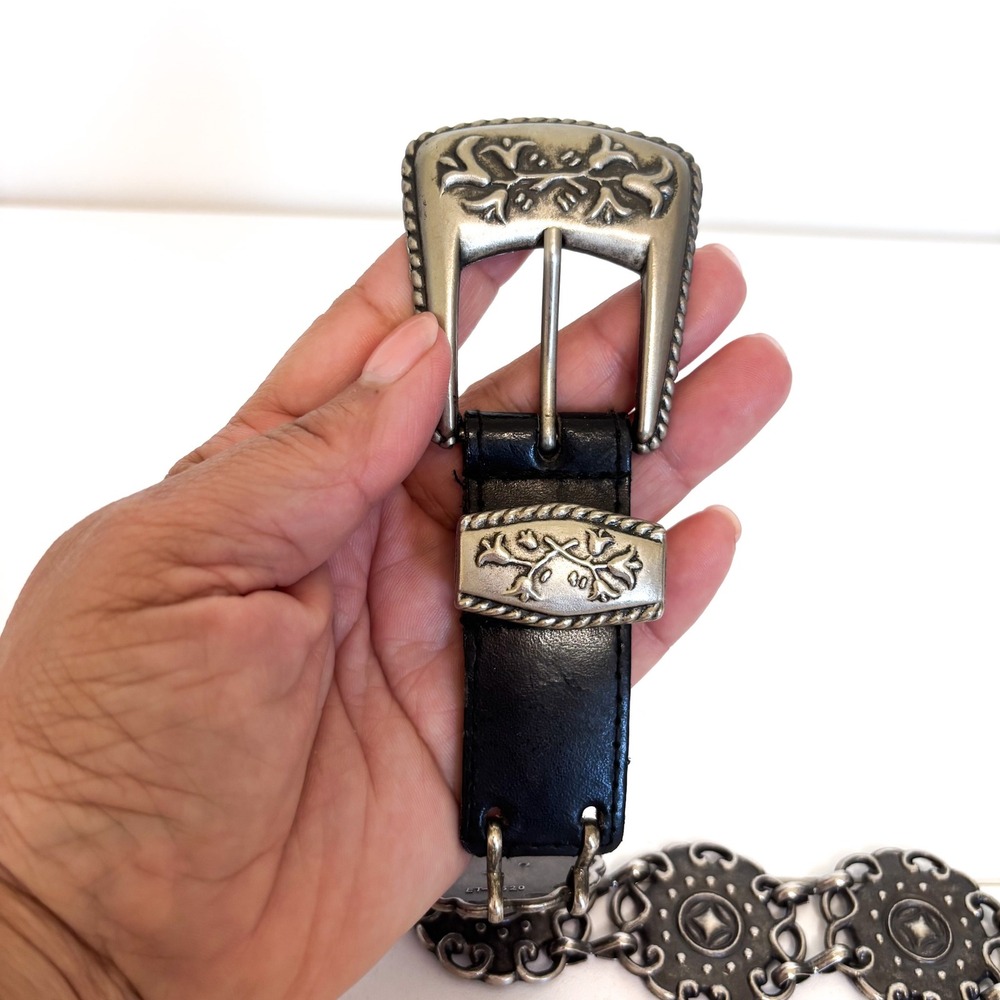 Western Concho Womens Vintage Boho Chain Belt M/L Black Silver Floral Festival - Picture 2 of 9